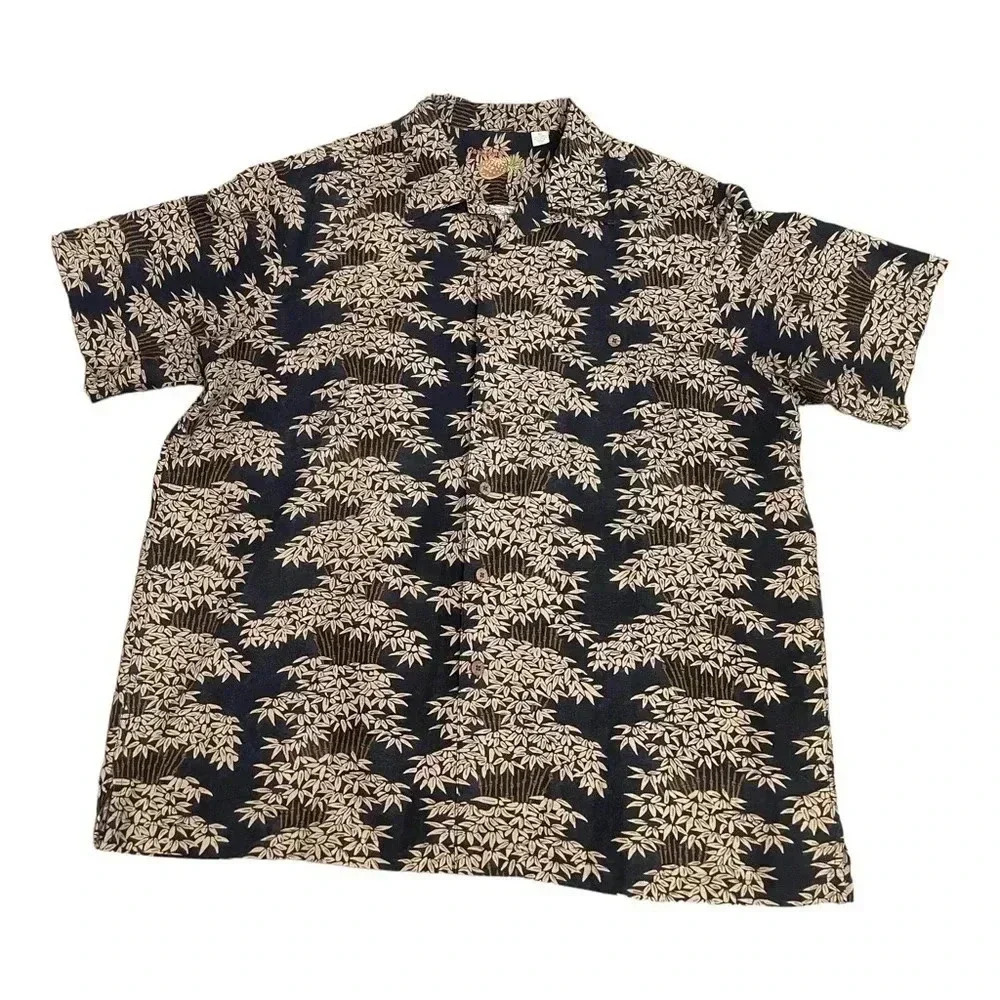 Caribbean Brown Black Linen Blend Bamboo Causal Button Short Sleeve Shirt Men XL